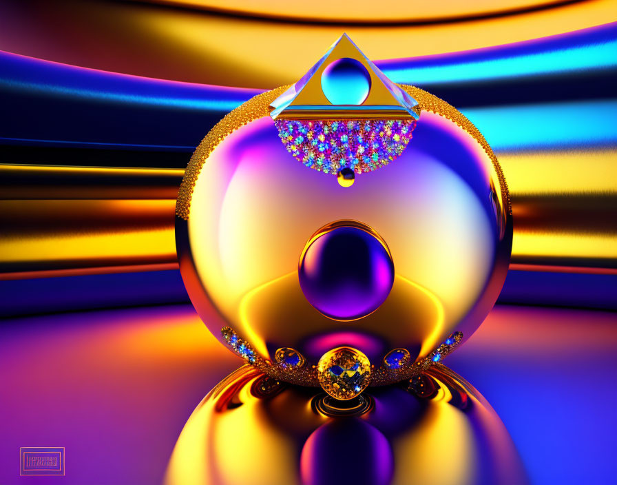 Colorful digital artwork: reflective sphere, jewel-encrusted pyramid, wavy background