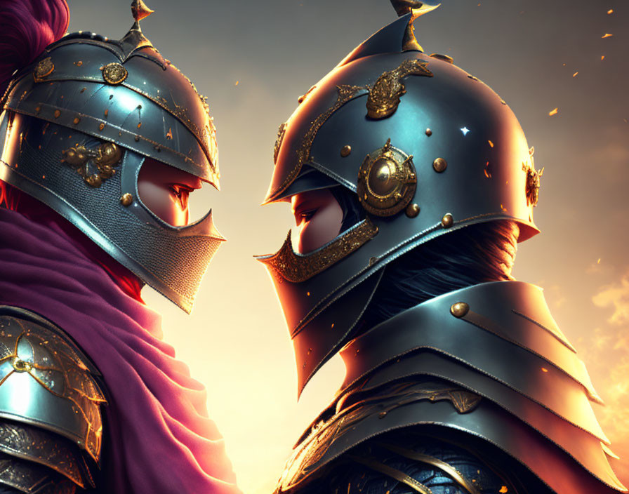 Medieval knights in ornate armor under dramatic sky