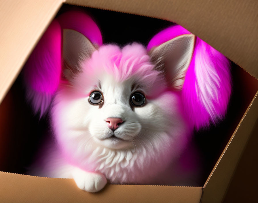 Whimsical pink creature with large ears in cardboard box