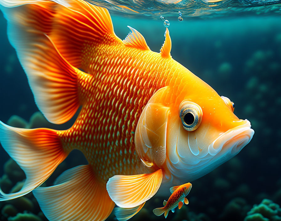 Colorful Goldfish Swimming in Bubbling Underwater Scene