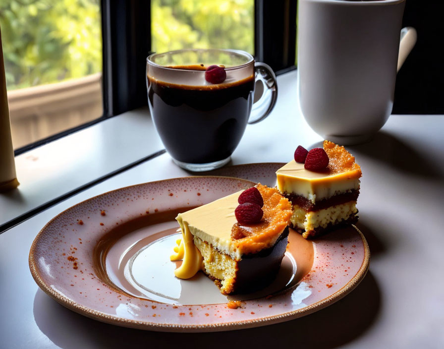 Cheesecake slice with berries, caramel, coffee, and mug by window