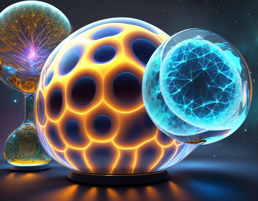 Intricate patterned glowing spheres on dark background