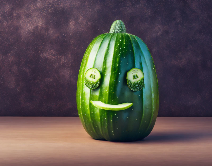 Green Zucchini Jack-o'-lantern with Cucumber Features on Wooden Surface