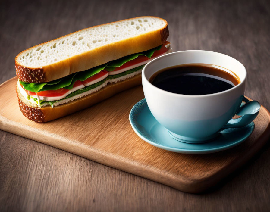 Fresh sandwich with lettuce, tomato, cheese, and black coffee on wooden table