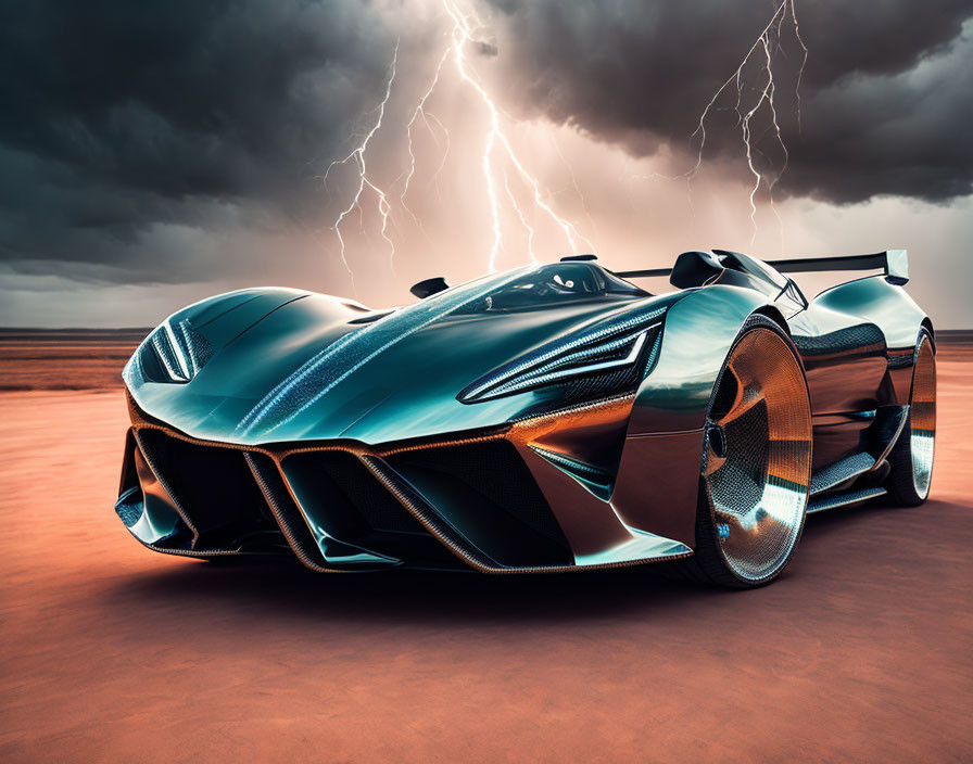 Teal and copper sports car on desert road under stormy sky