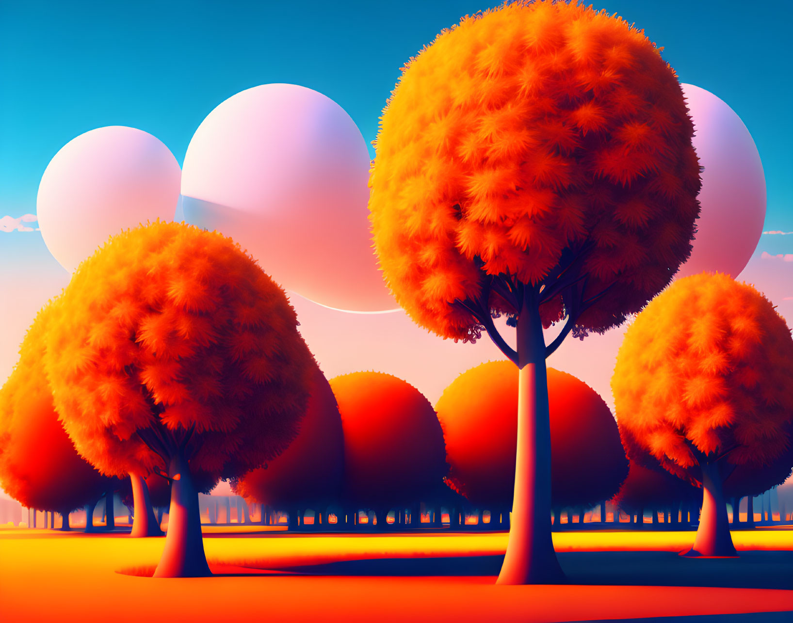 Colorful digital artwork: Orange trees, blue-pink sky, white spheres