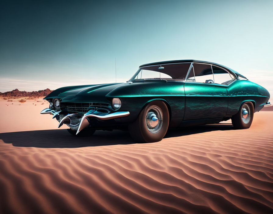 Vintage Green Car with Chrome Accents in Desert Setting