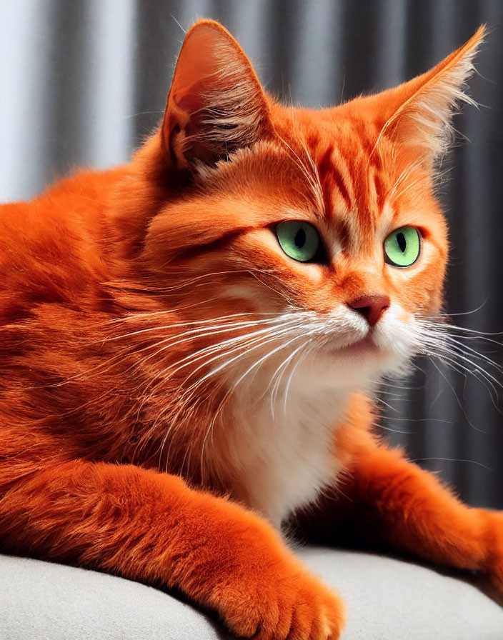 Orange Cat with Green Eyes and Lush Fur Against Grey Curtain