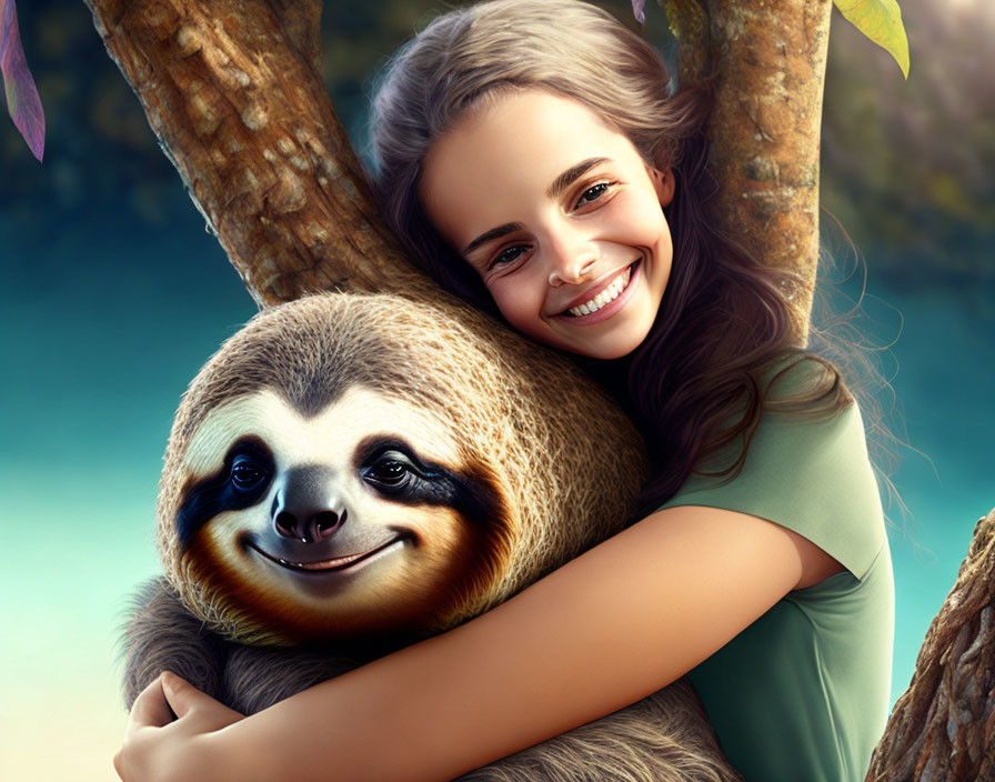 Young woman hugging cartoon sloth in vibrant forest setting