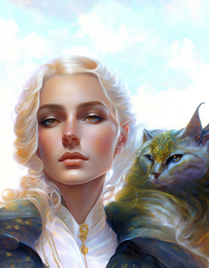 Detailed Illustration: Lady with Wavy White Hair and Cat with Golden Markings in Cloudy Sky