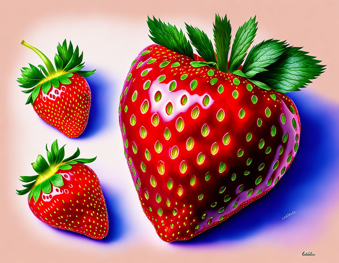 Fresh strawberries with seeds and leaves on pink background