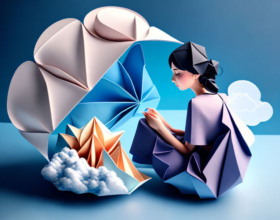 Geometric girl illustration with paper boats and clouds in dreamy scene