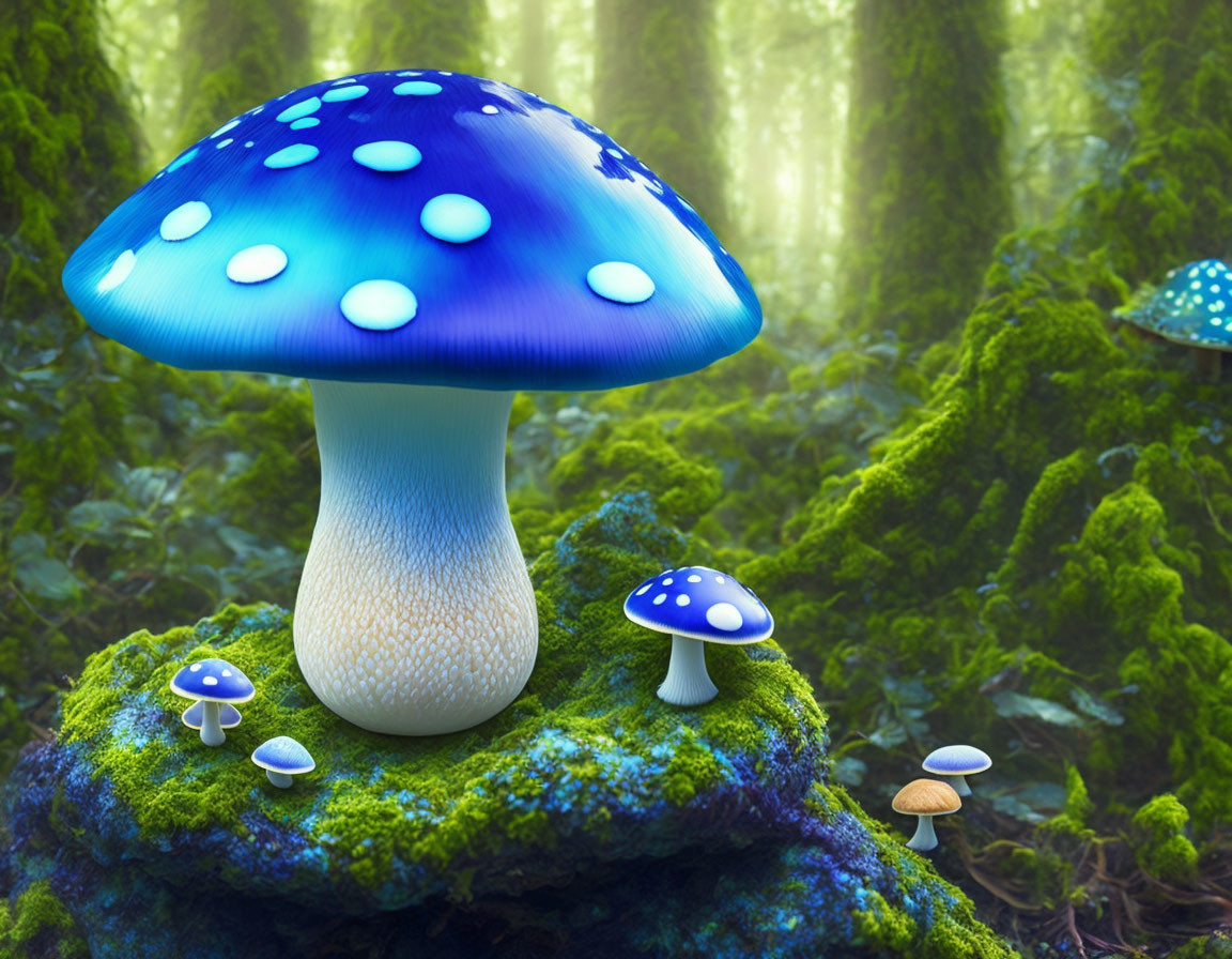 Vibrant digital image: Oversized blue mushrooms in mossy forest