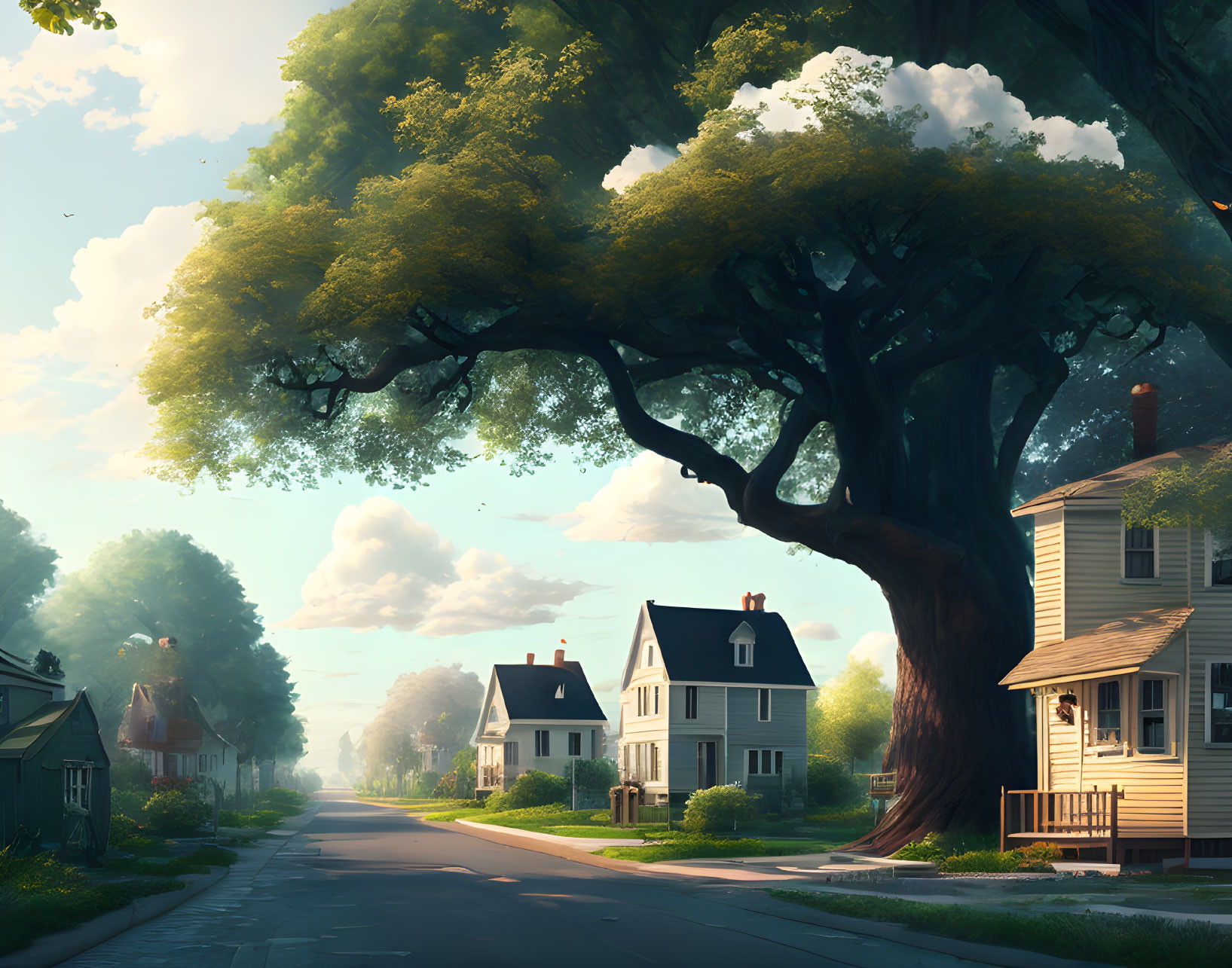 Tranquil suburban street with charming houses and lush green trees