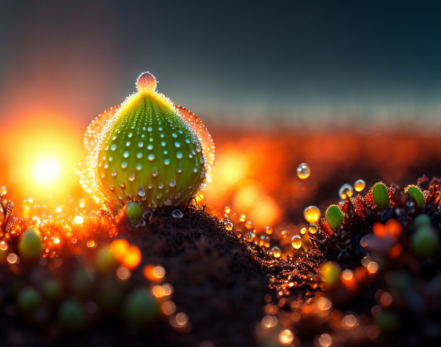 Dew-covered cactus at sunrise with glistening water droplets.