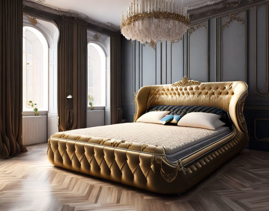 Luxurious Golden Bed, Crystal Chandelier, Grey Walls - Bedroom Decor