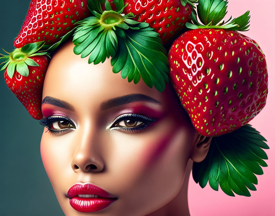 Portrait of a woman with vibrant strawberry-themed makeup and headdress