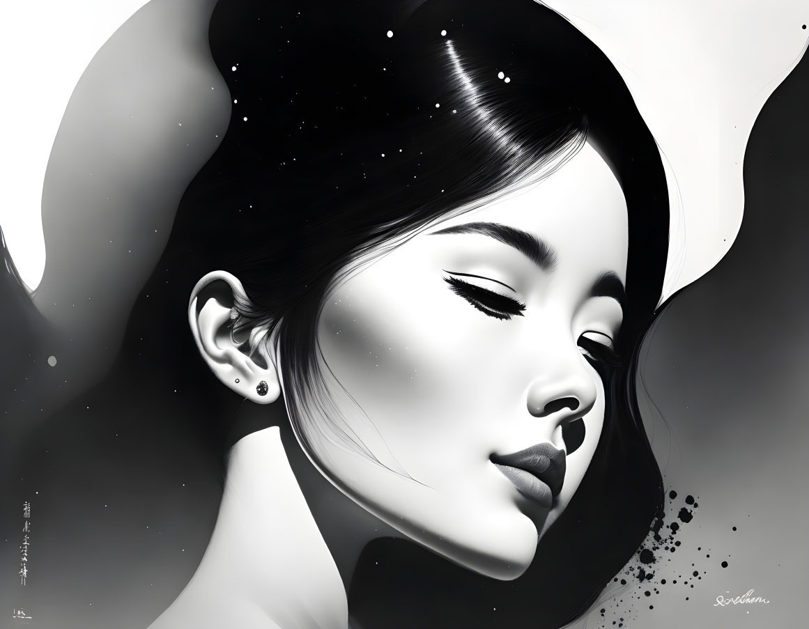 Monochrome digital artwork: Woman's profile with cosmic theme