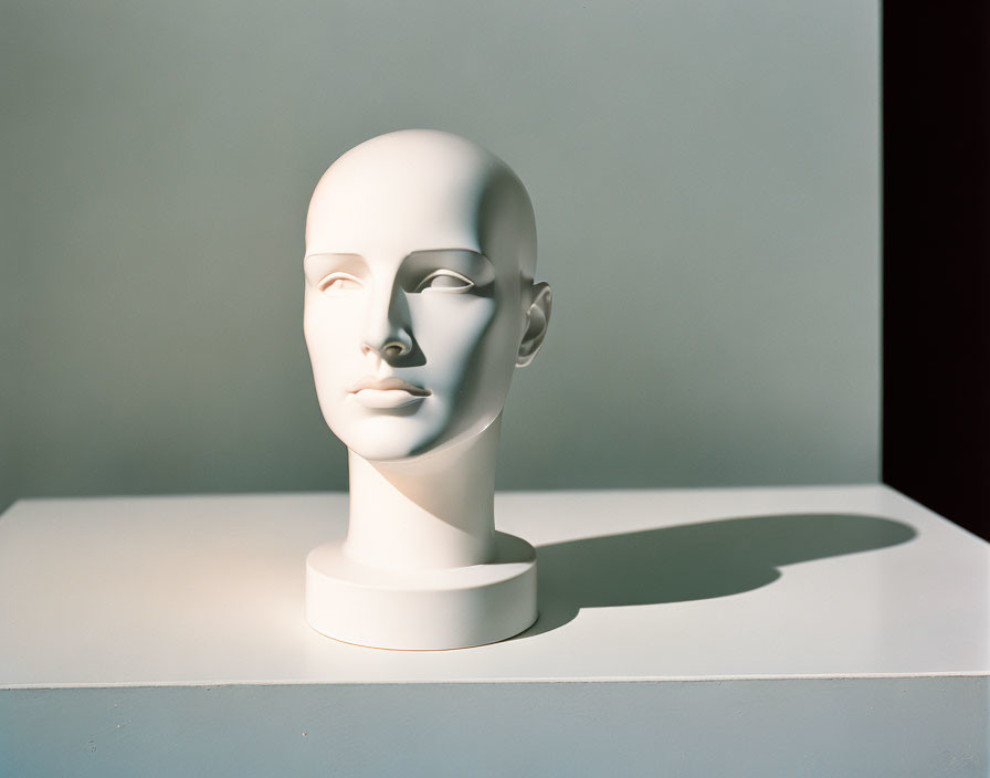 White Mannequin Head on Pedestal with Neutral Expression