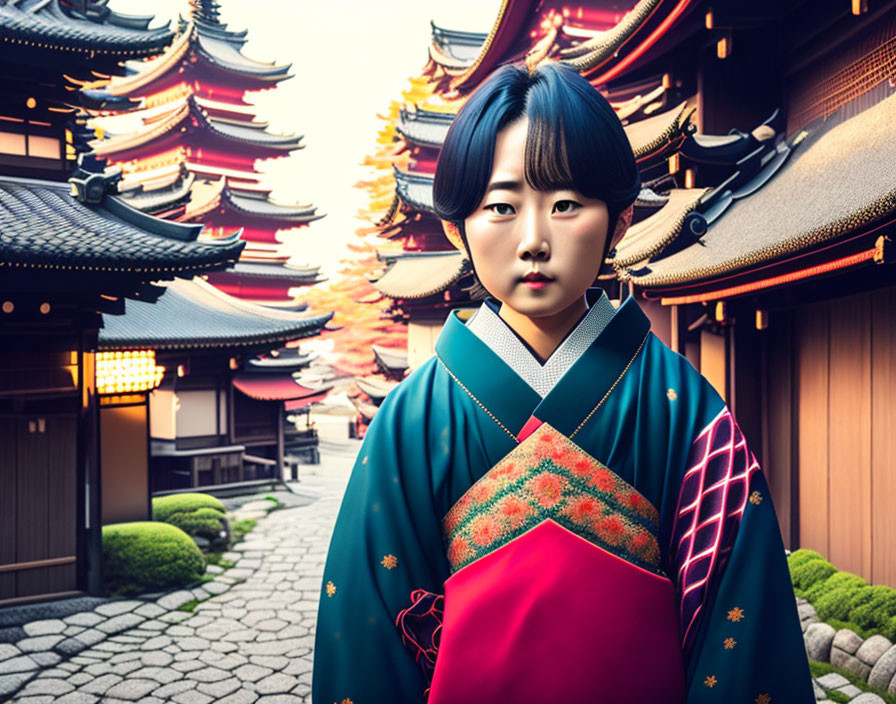 Colorful Kimono Woman in Front of Japanese Pagodas and Autumn Foliage