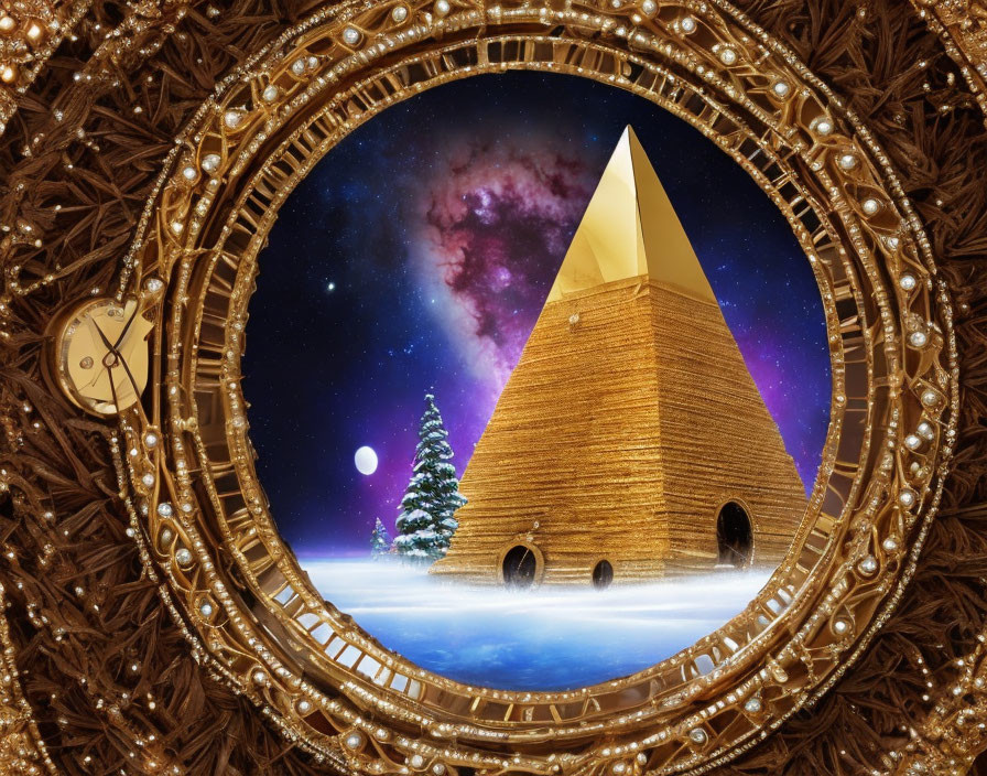 Winter fantasy scene with golden pyramid, Christmas tree, clock, and starlit sky.