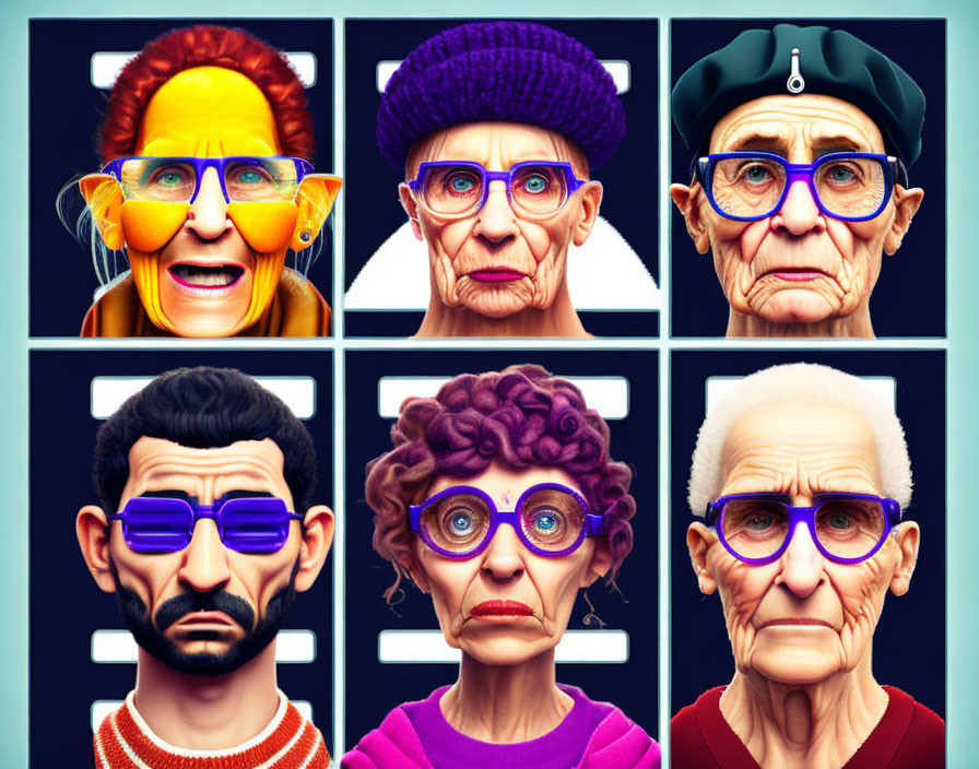 Six cartoony elderly portraits with exaggerated features, glasses, hats on dark background.