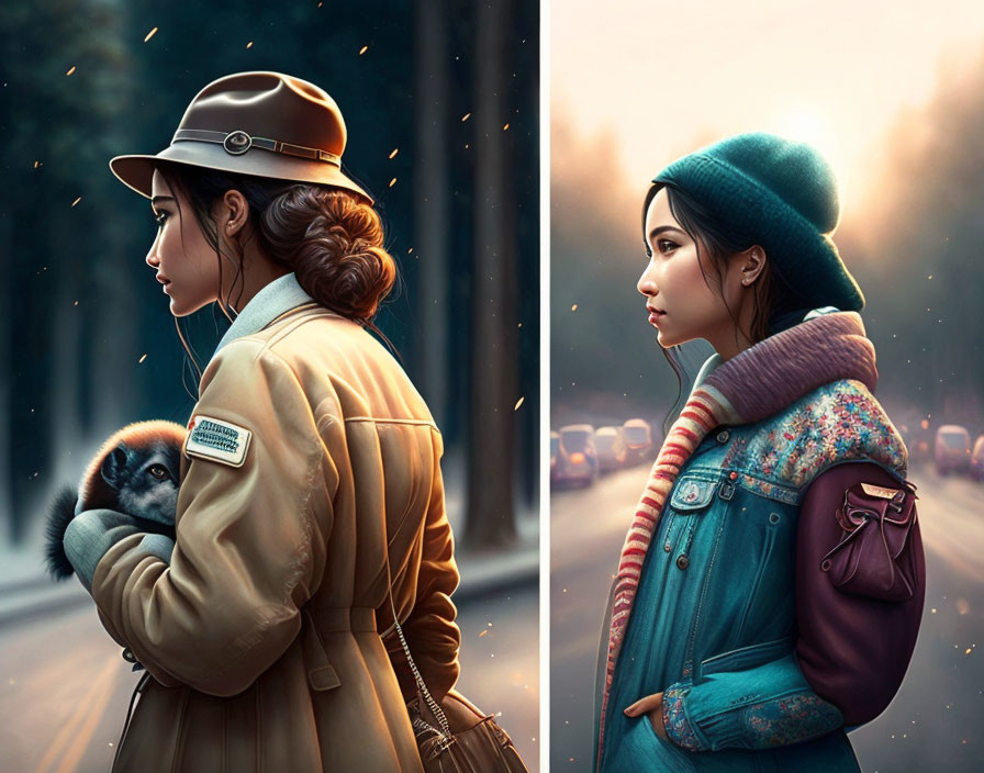 Stylized illustrations of a woman with a monkey in various outfits in city street setting at dusk