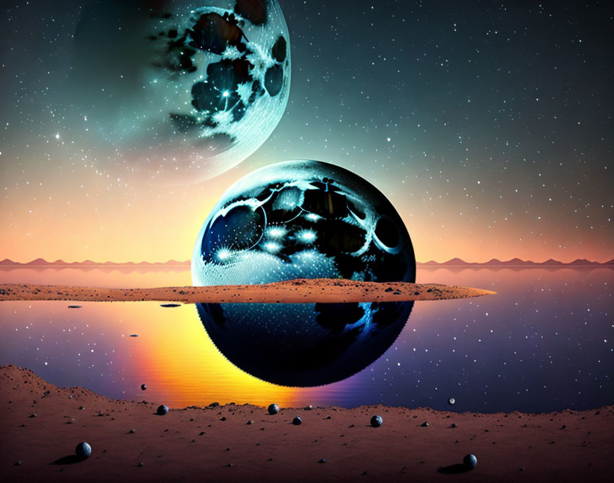 Surreal landscape with textured planets above desert at twilight