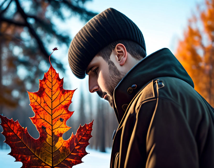 Person in Beanie and Coat Admiring Red-Orange Maple Leaf in Autumn Forest