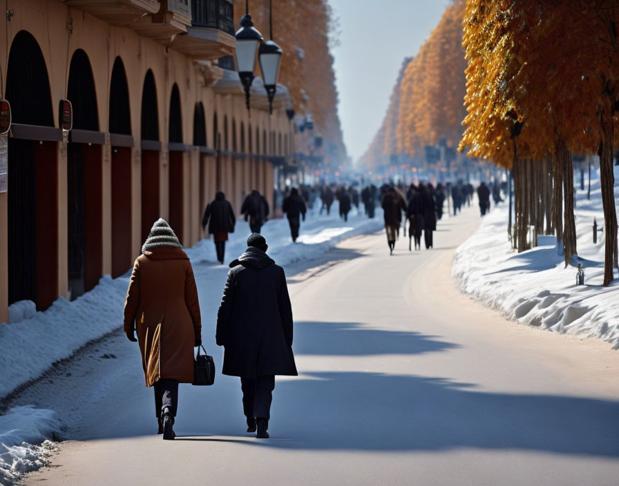 Snowy avenue with bare trees and arch-lined buildings, people walking.