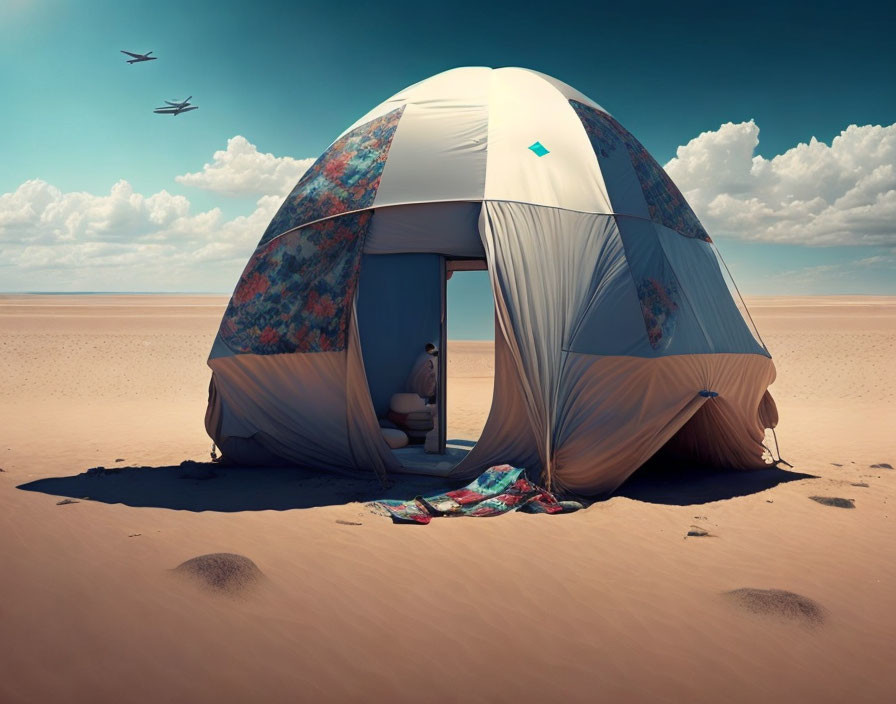 Spacious desert tent with patterned curtains, person inside, and birds flying above