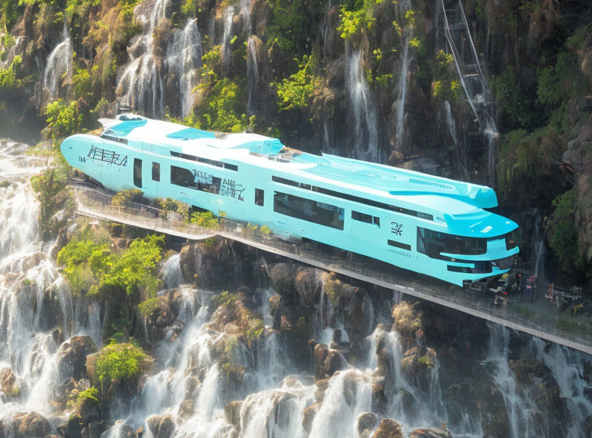 Turquoise Train with Chinese Characters in Lush Waterfall Landscape