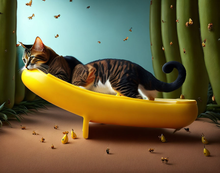 Tabby cat on banana boat with winged mini bananas in whimsical scene