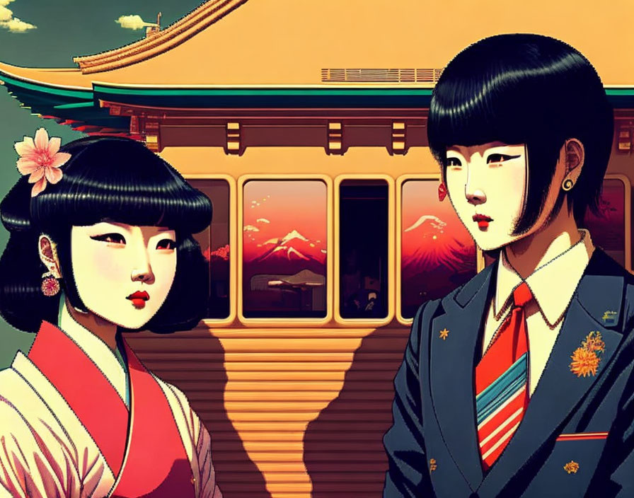 Stylized female figures in traditional and modern Japanese attire by train and Mount Fuji at sunset