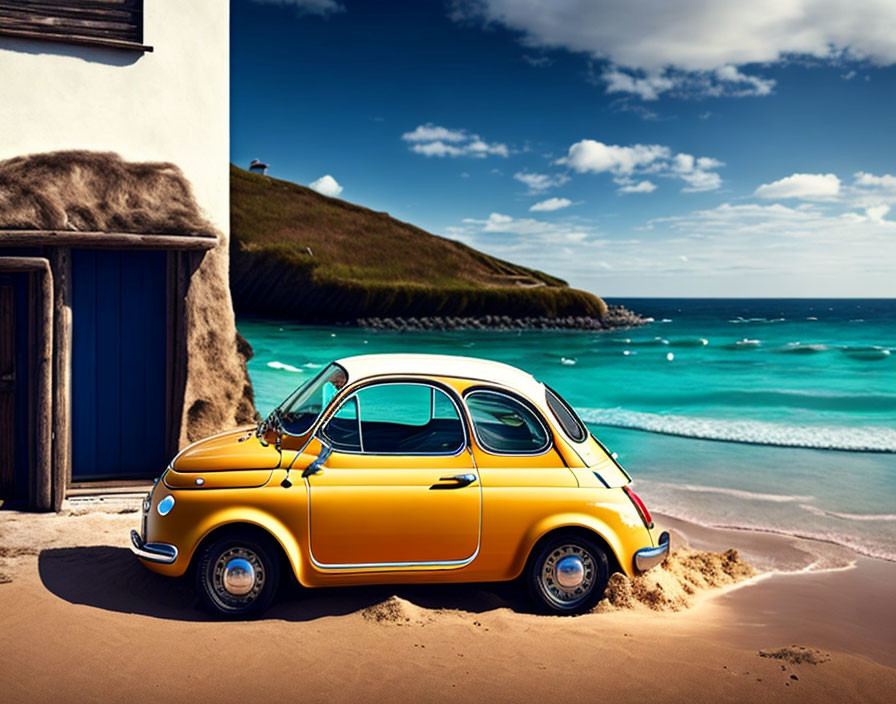 Yellow classic car on sandy beach near white thatched roof house overlooking blue sea & sky