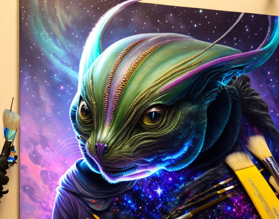 Colorful Alien Creature Painting with Paintbrushes