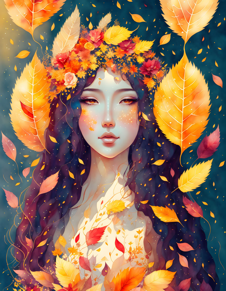 Person with closed eyes wearing autumn crown in starry setting