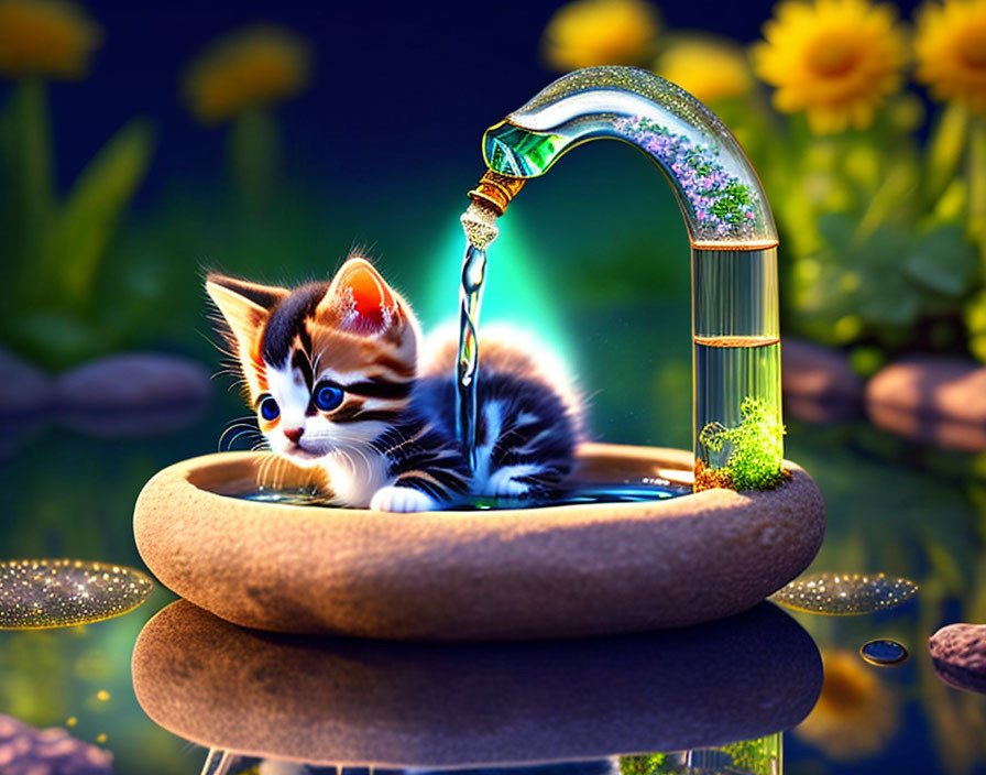 Curious kitten watches water from levitating moss-covered tap at night