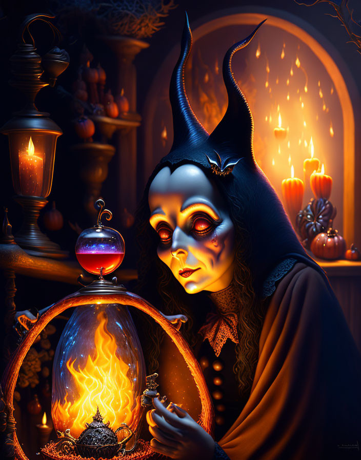 Mystical horned woman with crystal ball and candles