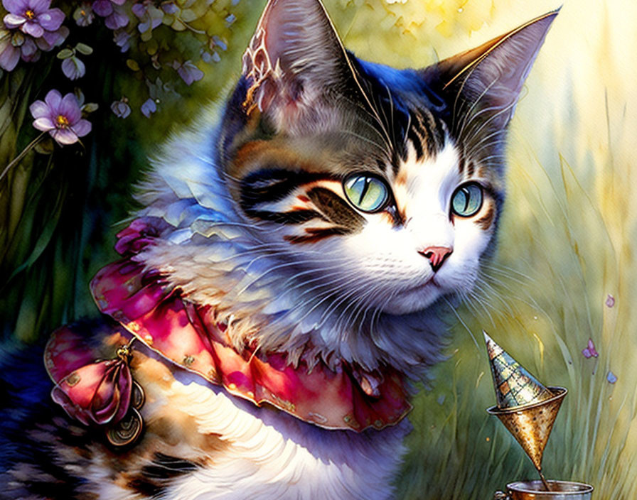 Colorful Cat Illustration with Blue Eyes and Pink Collar