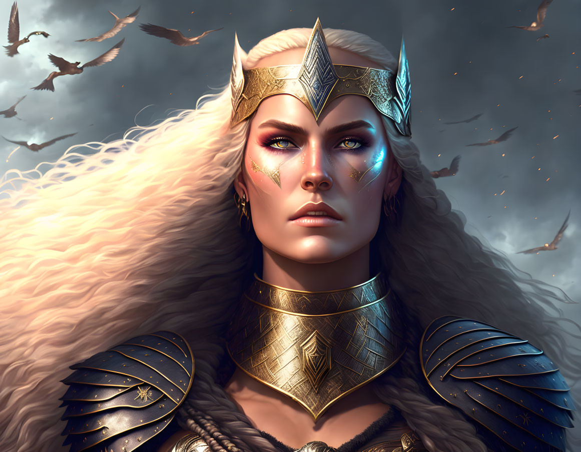 Fantasy warrior queen digital portrait in golden armor and crown