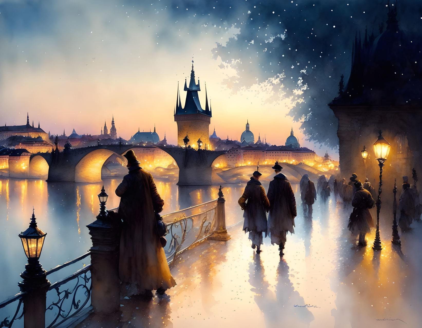 Victorian-era figures on misty, lamp-lit bridge with cityscape and starry night sky