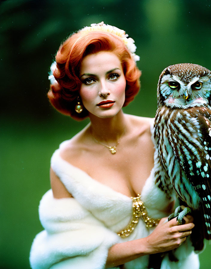 Red-haired woman with white flower, fur stole, gold jewelry, and owl.