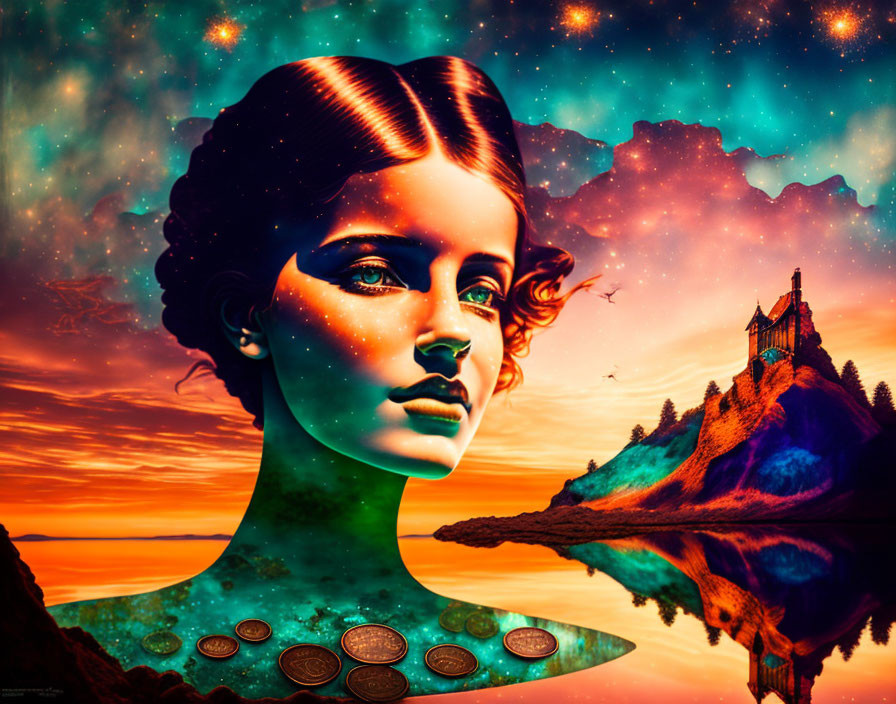 Vibrant surreal portrait featuring cosmic theme and castle on cliff reflected in water.