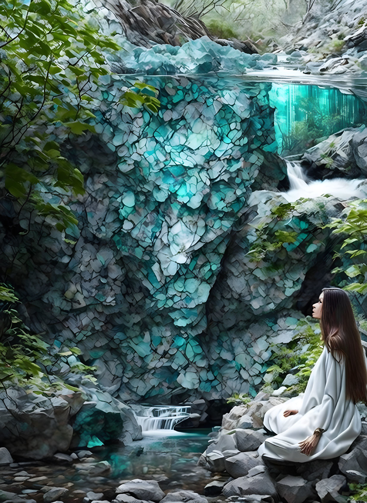 Woman in White Sitting by Serene Waterfall in Rocky Terrain