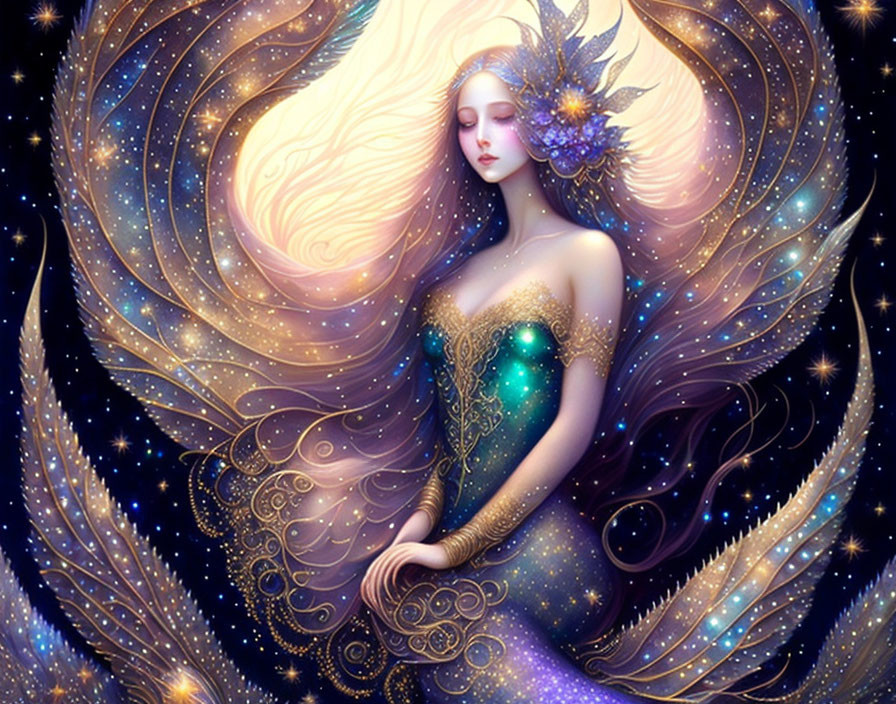 Ethereal woman with golden hair in star-speckled dress and cosmic aura