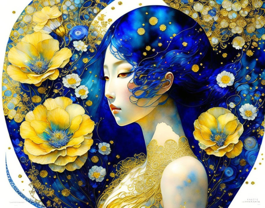 Blue-haired woman surrounded by golden flowers with celestial motifs and intricate patterns.