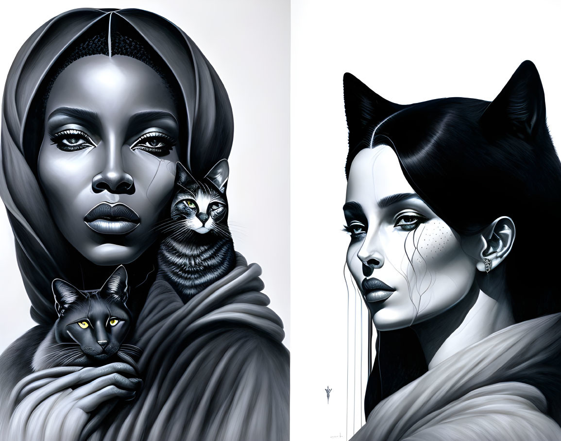 Stylized portraits of woman with hijab and cat-like woman with black cat