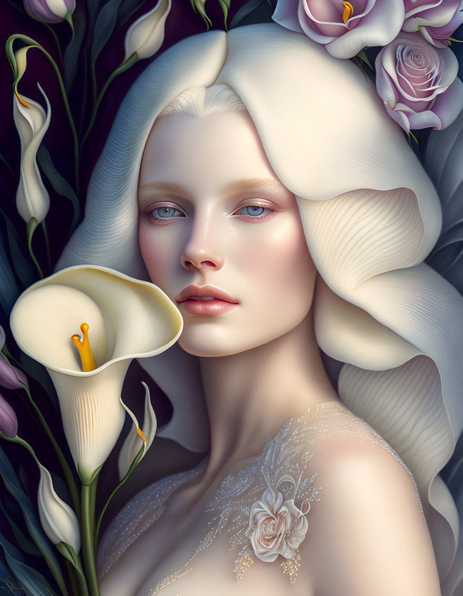 Floral-themed surreal portrait of a woman with ethereal beauty