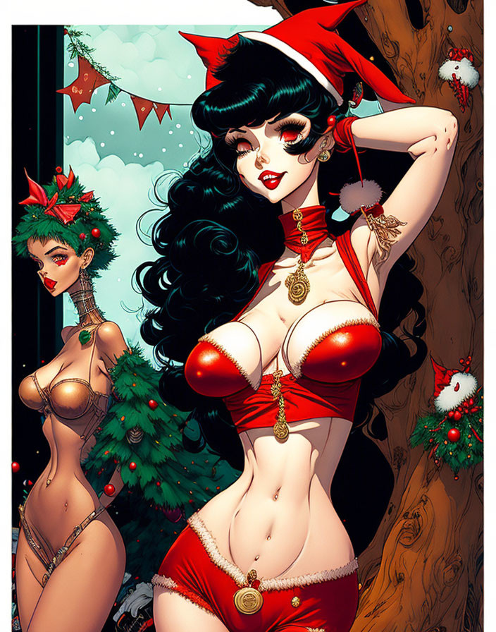 Illustrated women in festive pin-up fashion against Christmas backdrop